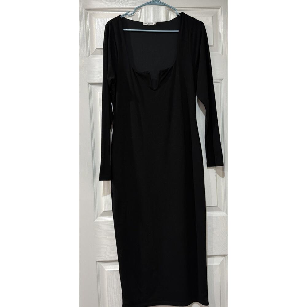 Good American Black Notched Square Neck Long Sleeve Midi Dress Size 4 8081